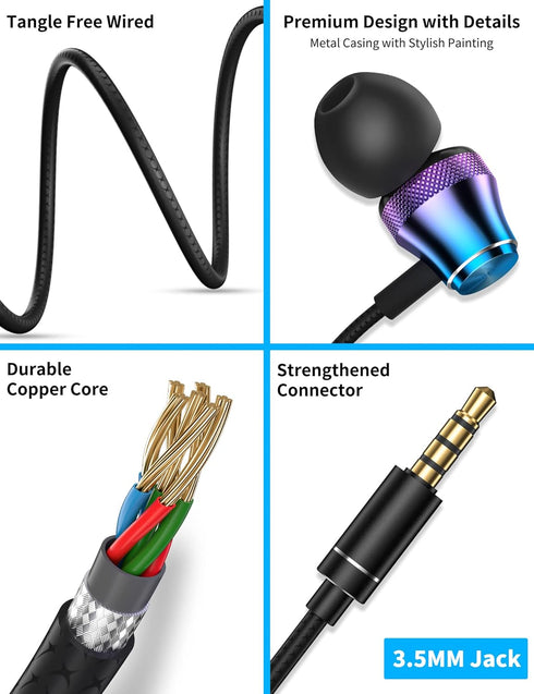 Wired Earbuds for Samsung Galaxy S10e, S10, S9, A15, A14, A13, A03, iPhone 6/6s/5, Moto G - HiFi Stereo, Noise