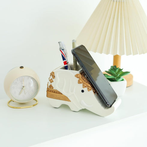 Elephant Phone Stand and Desk Organizer Multi-Purpose Ceramic Holder for Smartphone, Pens, Remote, Home Office