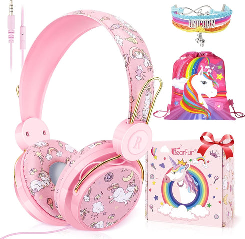 QearFun Unicorn Headphones for Kids - Wired, Noise Cancelling, Adjustable, with Microphone & 3.5mm Jack for