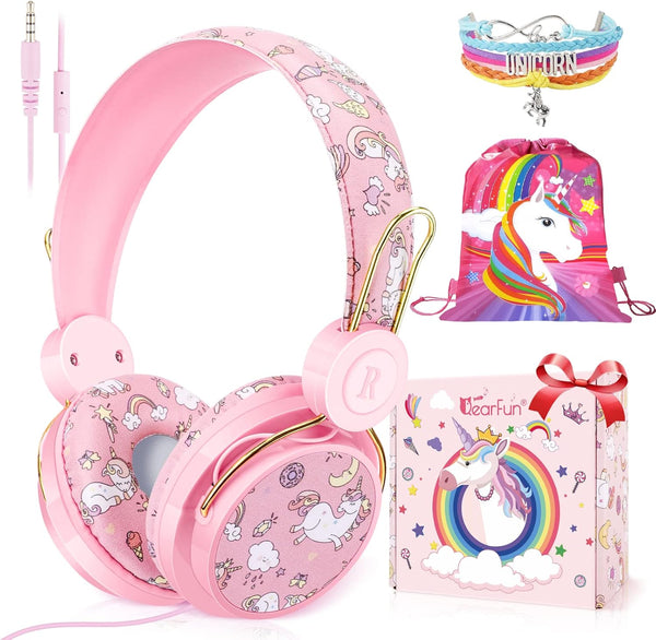 QearFun Unicorn Headphones for Kids - Wired, Noise Cancelling, Adjustable, with Microphone & 3.5mm Jack for