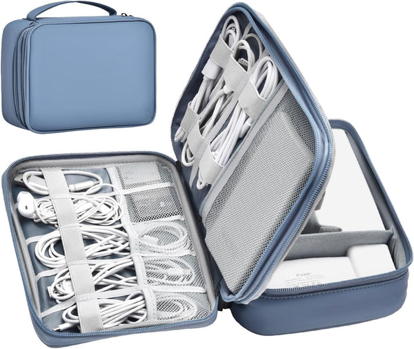 Large Capacity Electronics Accessories Organizer Travel Case, Waterproof Leather Cord Organizer with Adjustable Divider
