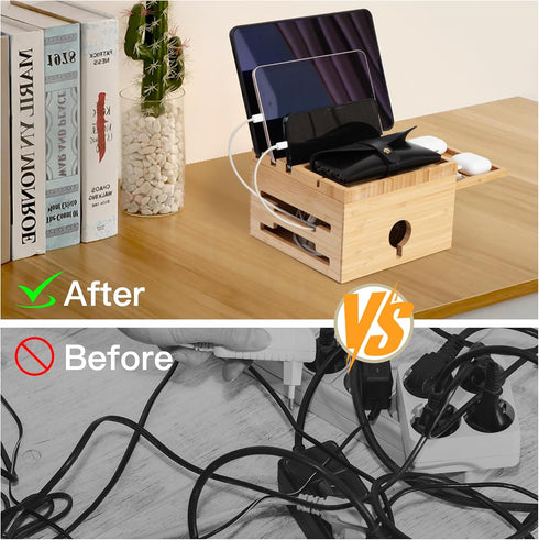 PERFECYEE Bamboo Charging Station for Multiple Devices, Nightstand Docking Station with Small Tray, Desktop Wood