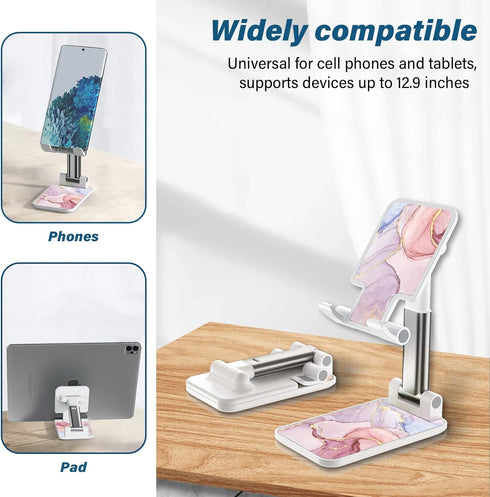 Foldable Phone Stand for Desk, Adjustable Angle Cell Phone Holder, iPad Stand for iPhone, Samsung, Pink Marble