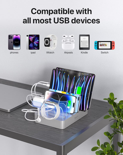 SooPii Premium 6-Port USB Charging Station Organizer for Multiple Devices, Silver