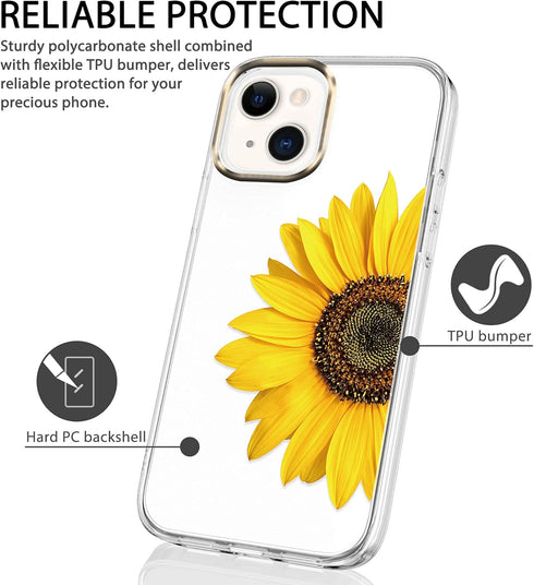 BAISRKE Clear Case with Flowers for iPhone 13, Shockproof Floral Pattern Hard Back Cover, Yellow Sunflower