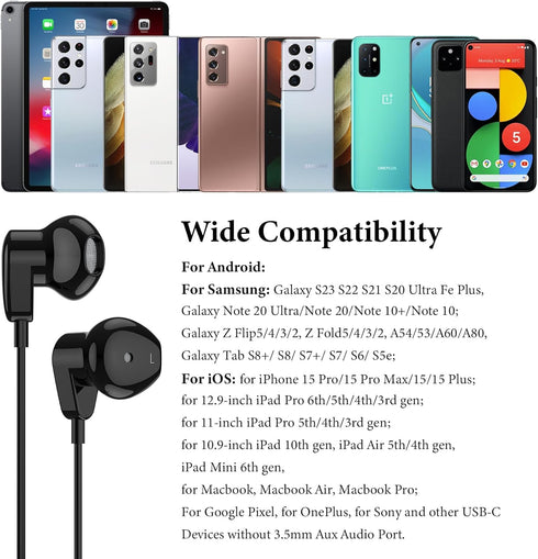 HiFi Stereo USB C Headphones for Samsung S24 S23 S22 Ultra, iPhone 15 Pro Max, Galaxy Z Flip, OnePlus - Wired Earbuds
