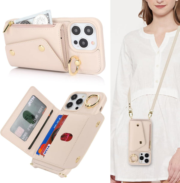 for iPhone 14 Pro Case with Card Holder and Strap, Zipper Pocket, Crossbody Lanyard Strap, Cute Phone Wallet Case