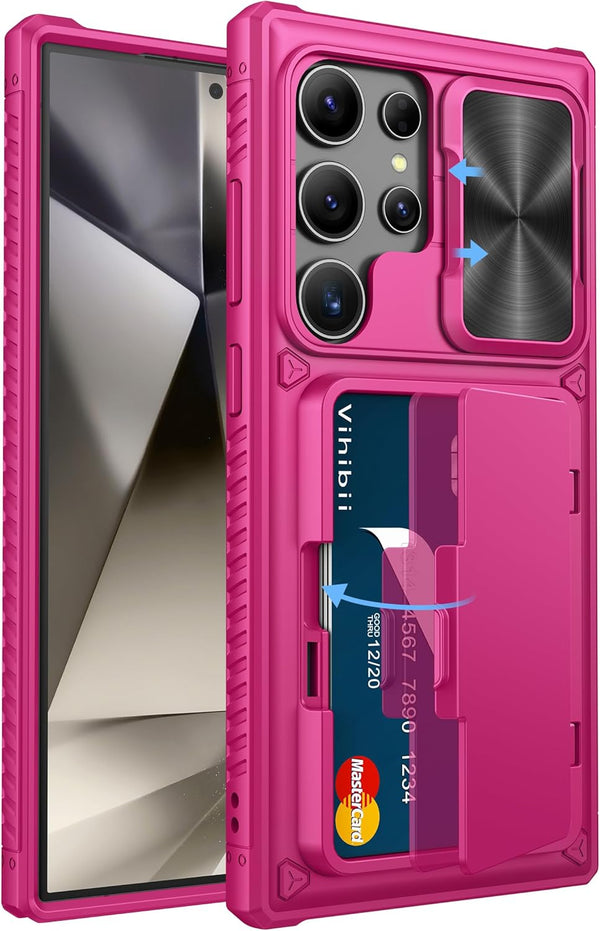 Vihibii for Samsung Galaxy S24 Ultra Case with Card Holder (4 Cards), Slide Camera Cover & Kickstand, Shockproof Rugged