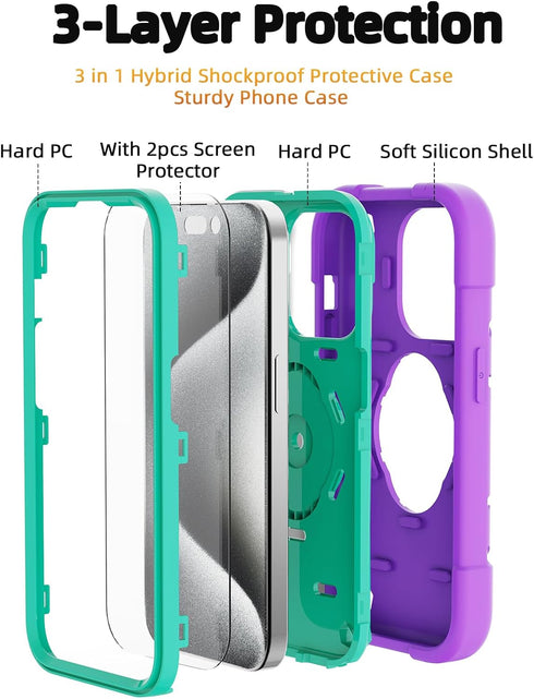 KCJ Tough Rugged Heavy Duty Case for iPhone 15 Pro (6.1") - Purple+Mint with 2× Screen Protectors & Ring Stand.