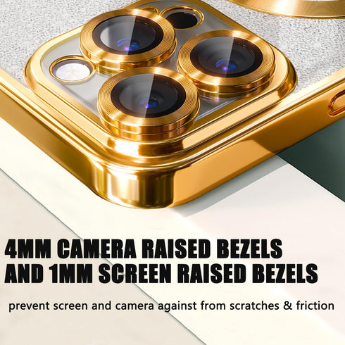 Misscase Magnetic Glitter Case for iPhone 15 Pro Max - Slim, Shockproof, Anti-Scratch, with Camera Lens Protector, Gold.