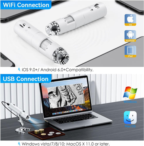Wireless Digital Microscope, Skybasic 50X-1000X Magnification WiFi Pocket Handheld Microscope with Stand