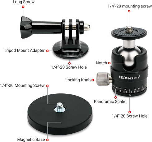 PROfezzion Magnetic Mount Base Stand Kit with Deluxe Ball Head for GoPro Hero, DJI Osmo, AKASO, Insta360 Action Cameras