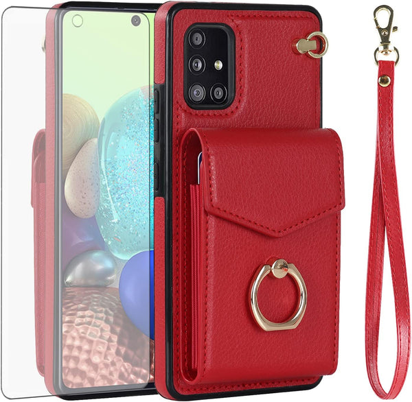 Asuwish Wallet Case for Samsung Galaxy A71 5G with Tempered Glass Screen Protector, RFID Blocking, Ring Stand, Credit