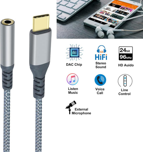 USB-C to 3.5mm Audio Adapter, Braided Dongle for Samsung Galaxy S22, S21, S20, Pixel 7, Android Phones, Laptops.