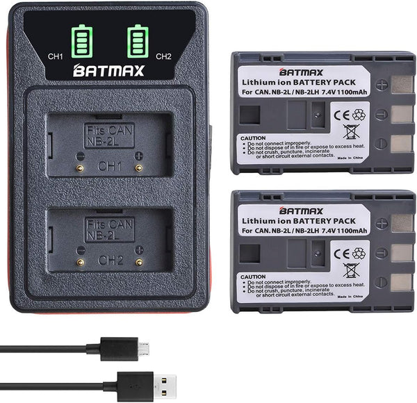 Batmax 2Pcs NB-2L NB-2LH Battery + USB LED Charger for Canon PowerShot G7, G9, S80, S70, EOS 350D, 400D