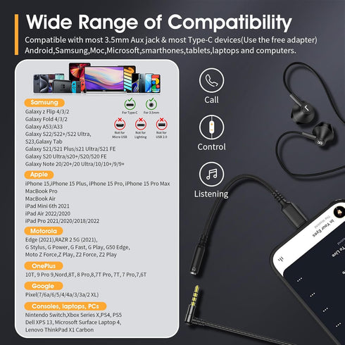 Black Wired Earbuds with Mic, in-Ear Earphones Build-in Microphone HiFi Stereo Headphones for iPhone iPad Android Mp3