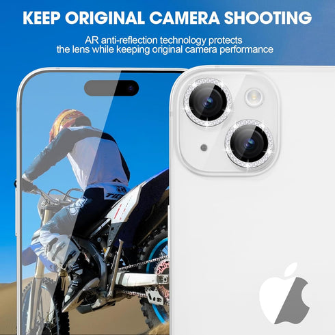 Xfilm 9H Hardness Camera Lens Protector for iPhone 15/15 Plus - Stylish Silver Diamond, Scratchproof & Case Friendly.