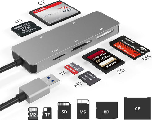 USB3.0 XD Card Reader, 6 in 1 High Speed TF/SD/MS/M2/XD/CF Memory Card Adapter, Compatible with Windows & Mac