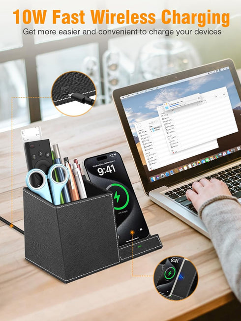 Pen Holder for Desk, Organizer with Wireless Charger, Multi-Functional Pencil Organizer for Home Office Supplies