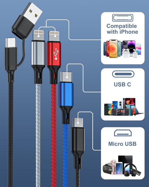 seynli (3-Pack) 6-in-1 Multi Charging Cable 6ft, Charging Cables for Multiple Devices, Compatible with iPhone, USB-C,