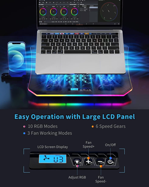 KeiBn Upgrade Laptop Cooling Pad, RGB Lights with 6 Fans for 15.6-17.3 Inch Laptops, 7 Height Stands, 10 Modes Light, 2