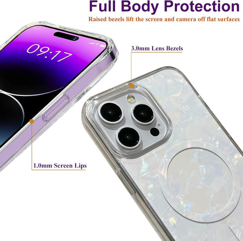 iPhone 15 Pro Case Compatible with MagSafe, Cute Magnetic Hard Back Shockproof Phone Case - White Pearl Tort