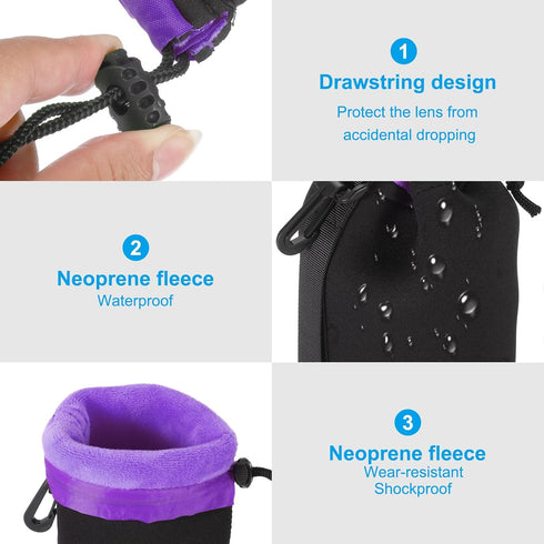 PATIKIL Camera Lens Bag, 2.8" ID x 3.9" H, Drawstring Pouch, Thick Neoprene, Black, Purple, for DSLR Lens