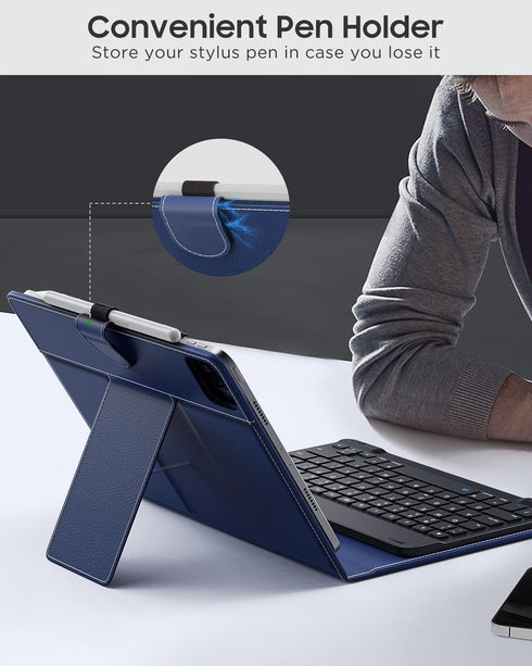 MoKo Universal Tablet Case with Keyboard for 9" - 11" Tablets, Removable Wireless Bluetooth Keyboard, Dark Blue