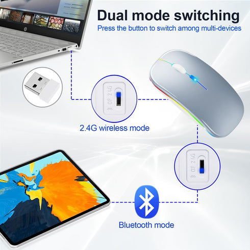 Wireless Bluetooth Mouse for iPad/MacBook Pro/Air/Laptop/PC, Rechargeable Silent Portable Slim (LED/Silver)