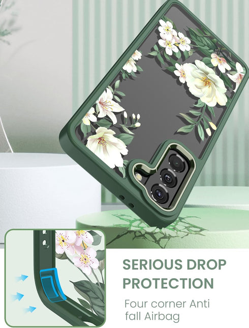 Dretal Galaxy S21 5G Case - Floral Design, Military Grade, Slim Hard Back & Soft Edge + Tempered Glass Protector (Green)