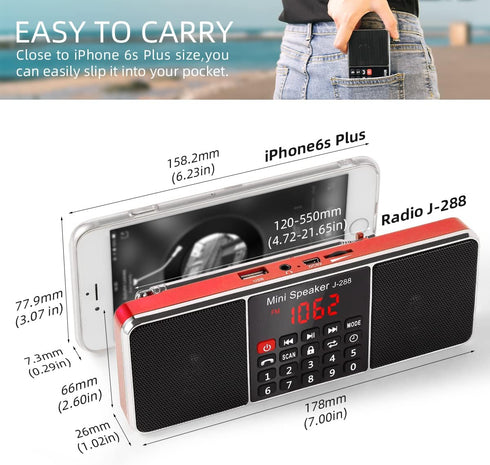 PRUNUS J-288 Portable Radio AM FM Radio with Bluetooth Speaker, Sleep Timer, Power-Saving Display, Ultra-Long Antenna, AUX Input & USB Disk & TF Card MP3 Player, NO Manual Preset