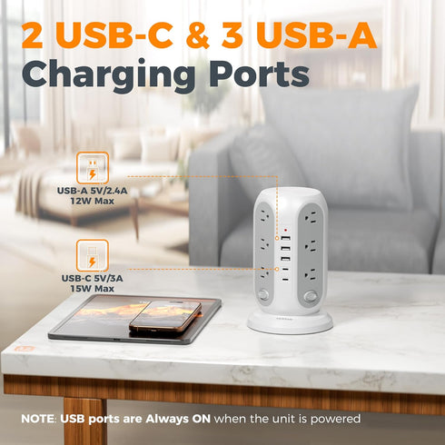 TESSAN 12 5 Ports(2 10 1250W, Tower Power Strip with Individual Switches, Surge Protector with Outlets, USB USB C)