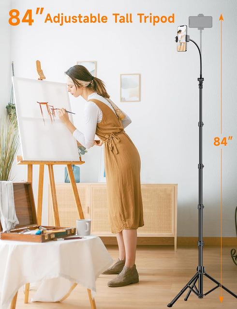 Victiv 84" 14 13 12 Phone Tripod Stand, Tall Flexible Cellphone Tripod for iPhone with Gooseneck Remote, Portable Phone
