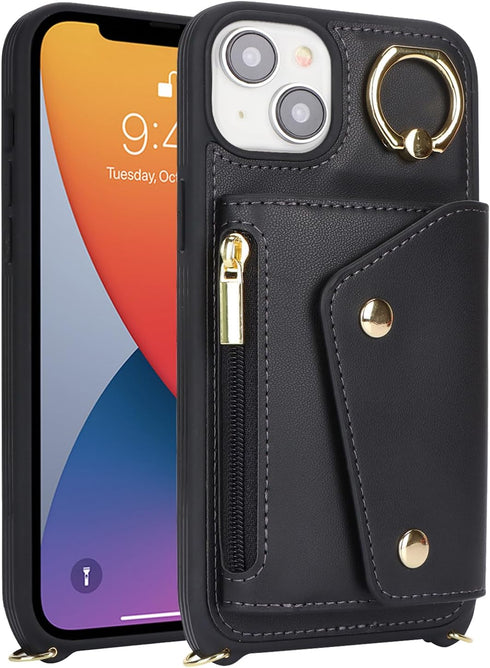 iPhone 14 Case with Card Holder and Strap, Zipper Pocket Crossbody Lanyard Strap, Cute Phone Wallet Case for Women