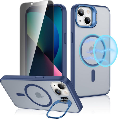 Ruky Translucent Magnetic Case for iPhone 13/14, 6.1", with Privacy Screen Protector & Metal Kickstand, Blue, MagSafe