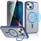 Ruky Translucent Magnetic Case for iPhone 13/14, 6.1", with Privacy Screen Protector & Metal Kickstand, Blue, MagSafe