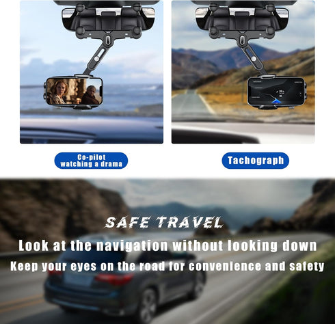 Rear View Mirror Phone Holder, 360 Degree Rotatable and Retractable Auto Phone Mount, Universal Holder for All