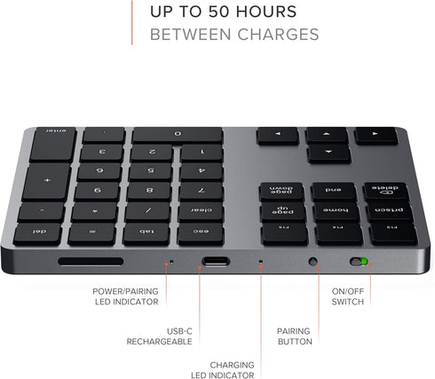 Satechi Bluetooth Extended Numeric Keypad, Slim Rechargeable 34-Key Numberpad for M2/M1 MacBook Pro/Air, Space Gray