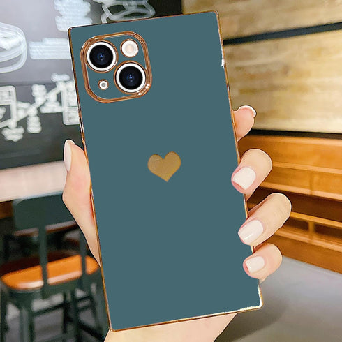 iPhone 13 Case, Square Luxury Plating Gold for Women Girls, Cute Love Heart Pattern Cover - Grey