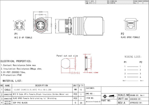 RJ45 to M12 4-Pin Adapter - M12 RJ45 Male Female Industrial Ethernet Connector, IP68 Waterproof, 10Gb/s Transmission