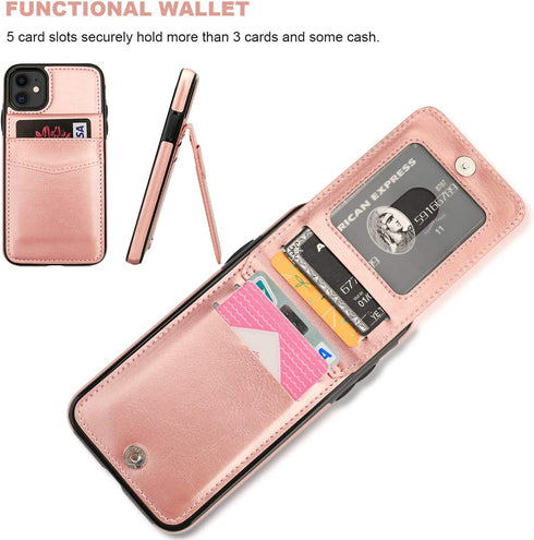 KIHUWEY iPhone 11 Case Wallet with Credit Card Holder, Premium Leather, Magnetic Clasp, Heavy Duty Cover (Rose Gold)