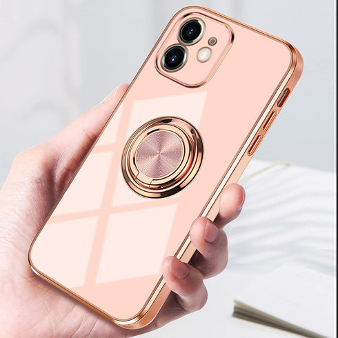 Omorro Pink iPhone 11 Case for Women, Ring Holder with Built-in 360 TPU Rotation Kickstand, Glitter Plating Rose Gold