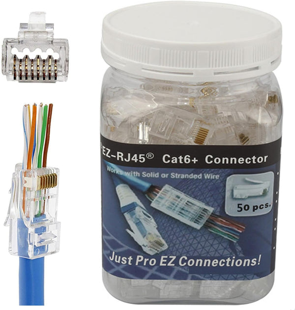 PETECHTOOL RJ45 CAT6A Pass Through Connectors - 50-Pack 23 AWG Gold Plated Modular Plug