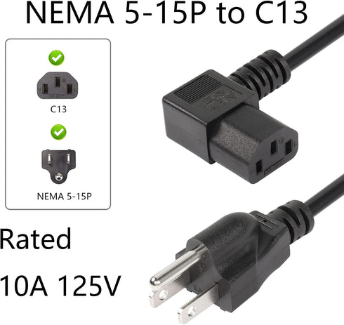CERRXIAN 4.92FT 18AWG 3 5-15P 90 320 C13 10A/125V, Left Angle Prong Computer Power Cord, NEMA to Degree IEC Monitor TV