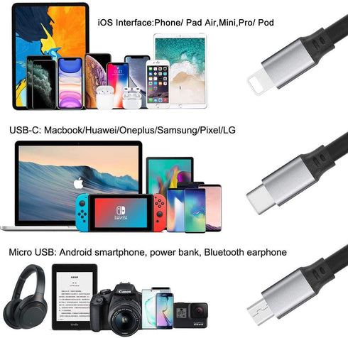 3-Pack Retractable 4Ft Multi Charging Cable 3A - 3 in 1 USB Cable for Samsung Galaxy, LG, Huawei, Tablets & More.