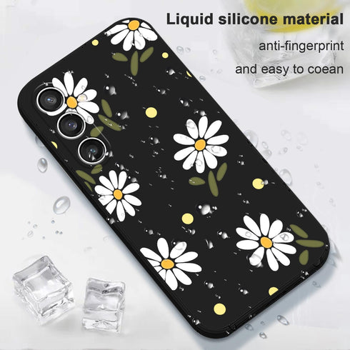 Galaxy S23 FE Case, Chrysanthemum Creative Side Print Design Soft Silicone Rugged Protective Bumper Case (Daisy Black)