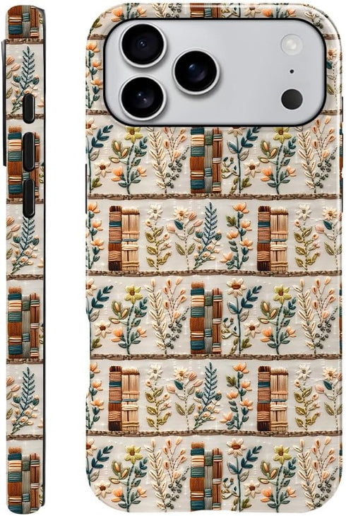 Generic 17 Compatible with iPhone Pro Max,Anti-Scratch Glossy Case Cover,Embroidery Book Flowers Bookshelf