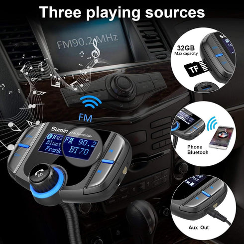 Upgraded Bluetooth FM Transmitter, Wireless Radio Adapter with 1.7'' Display, QC3.0 Dual USB Ports, AUX Input/Output