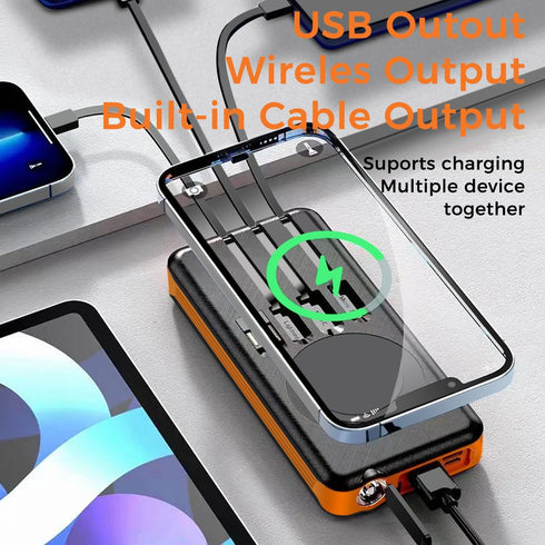 Outdoor Solar Portable Power Bank with Wireless Charging, 10000mAh Battery, IP65 Waterproof, LED Flashlight