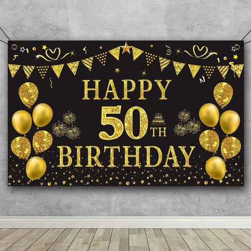 Trgowaul 50th Birthday Backdrop Gold and Black, 5.9 x 3.6 Ft Happy Birthday Party Decorations Banner for Photography